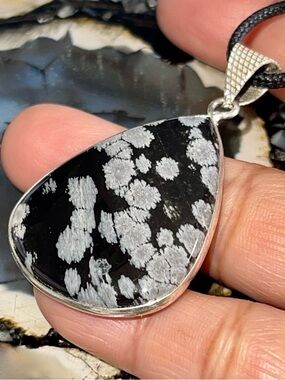 Thin & Beautiful Snowflake Obsidian Pendant 1 7/8”